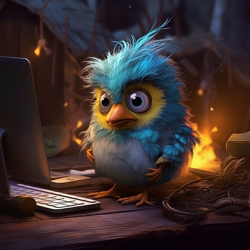 Cute bird character playing on computer