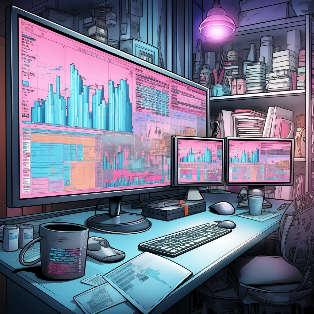 Computer showing marketing metrics in comic book style