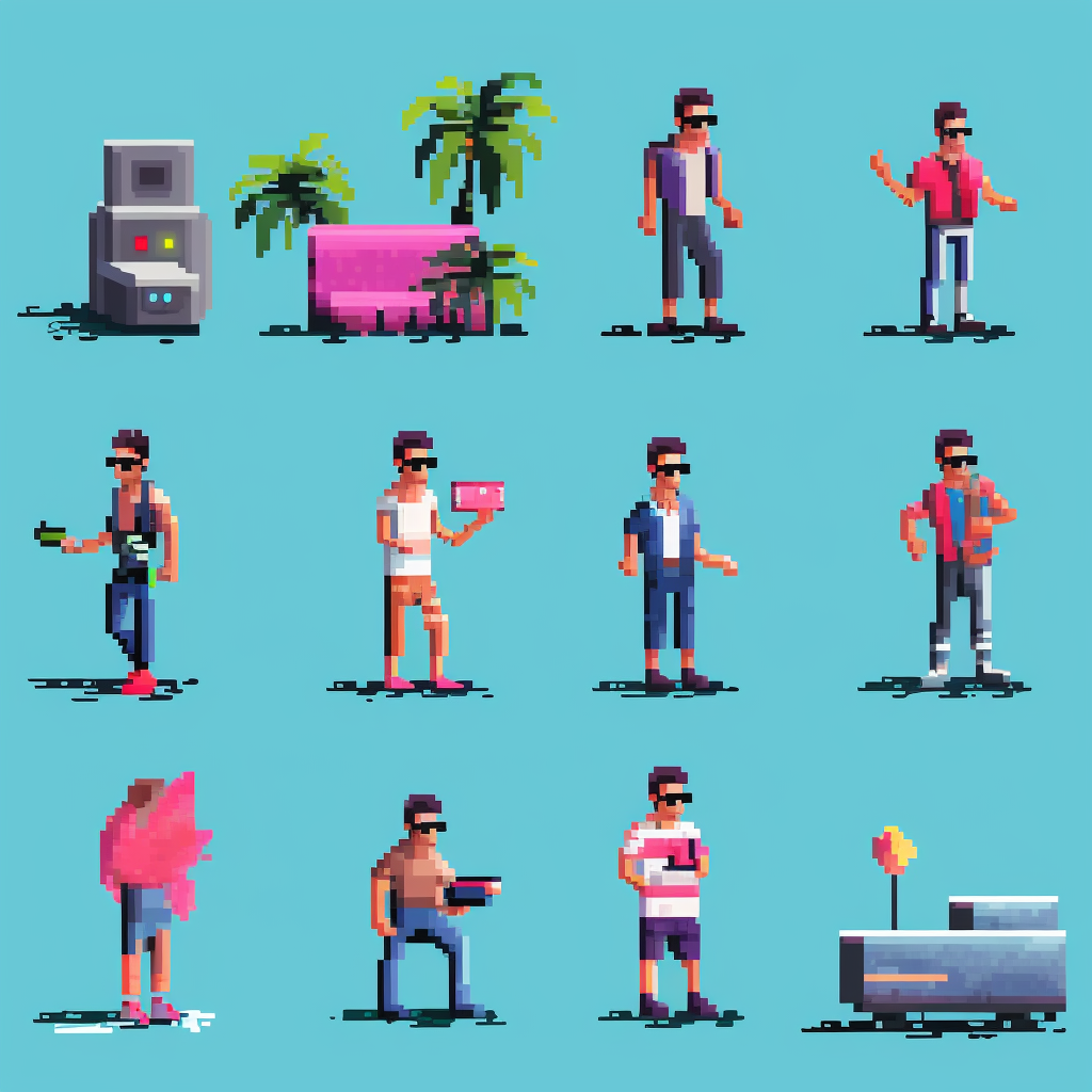 Pixel art of computer nerd in 80s Miami