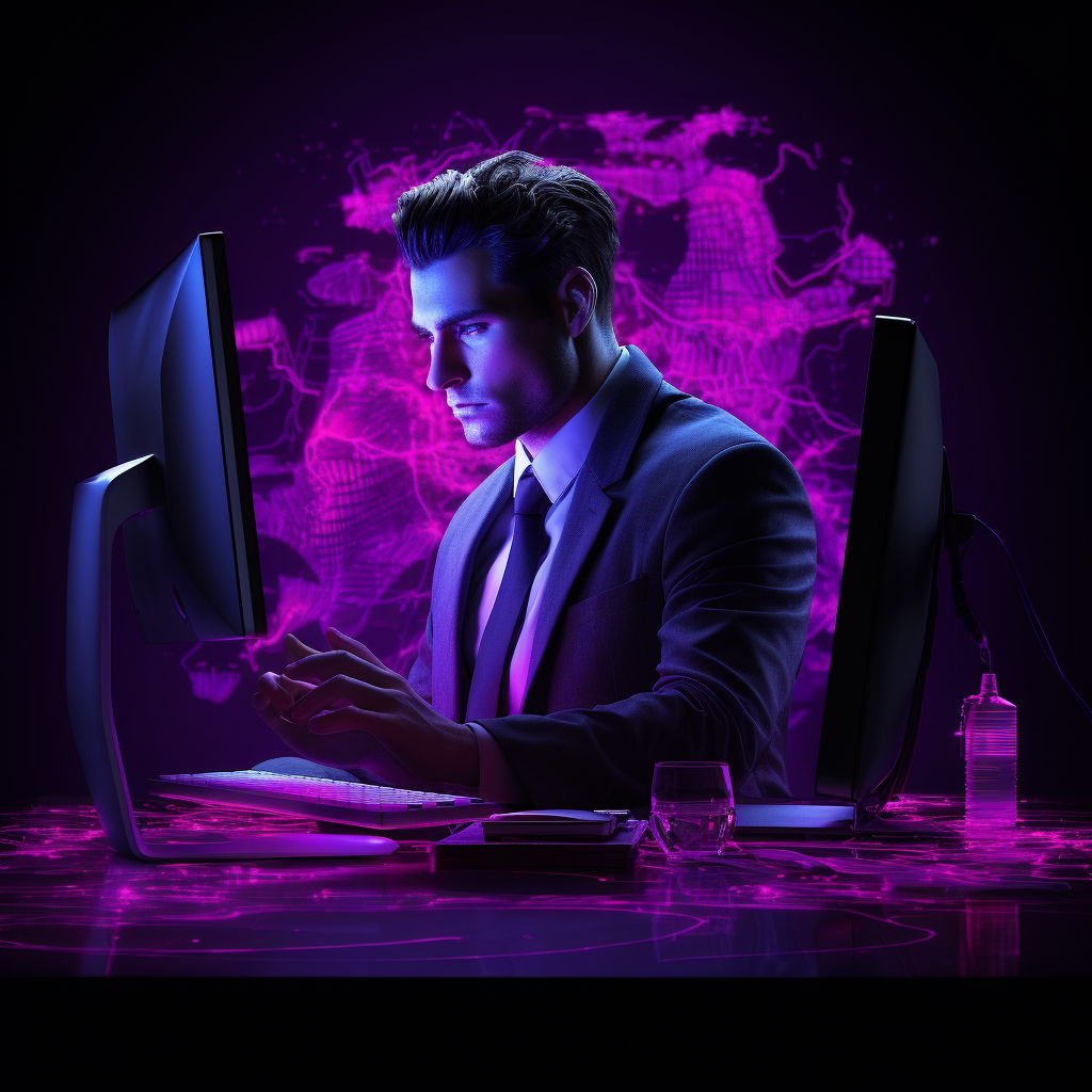 Businessman looking at computer with neon purple graphic