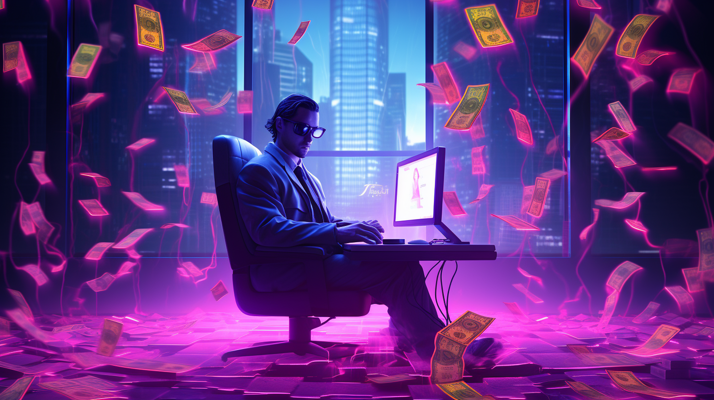 Computer Raining Money Reward Synthwave Neon