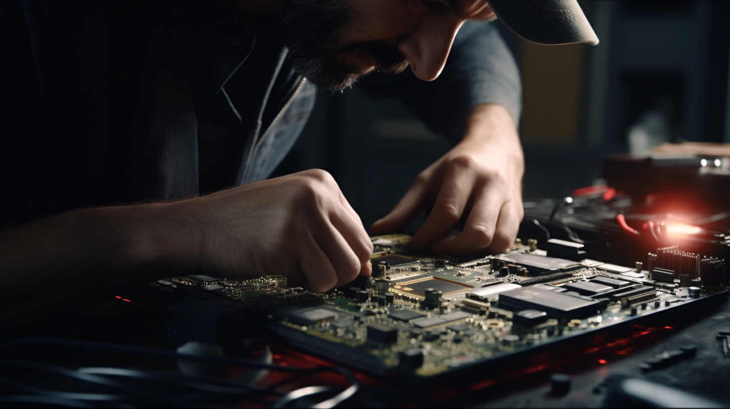 Close-up of hands repairing a computer