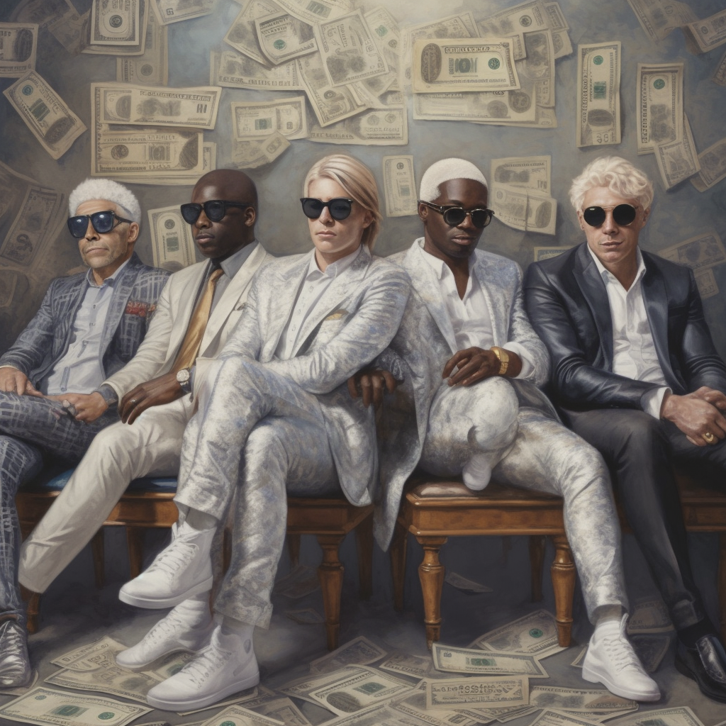 Five con artists in currency jackets and sunglasses