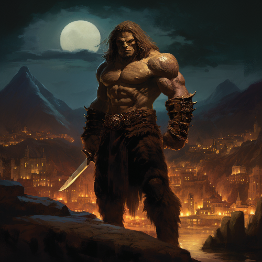 Conan the Barbarian as Bugbear wielding a deadly glaive