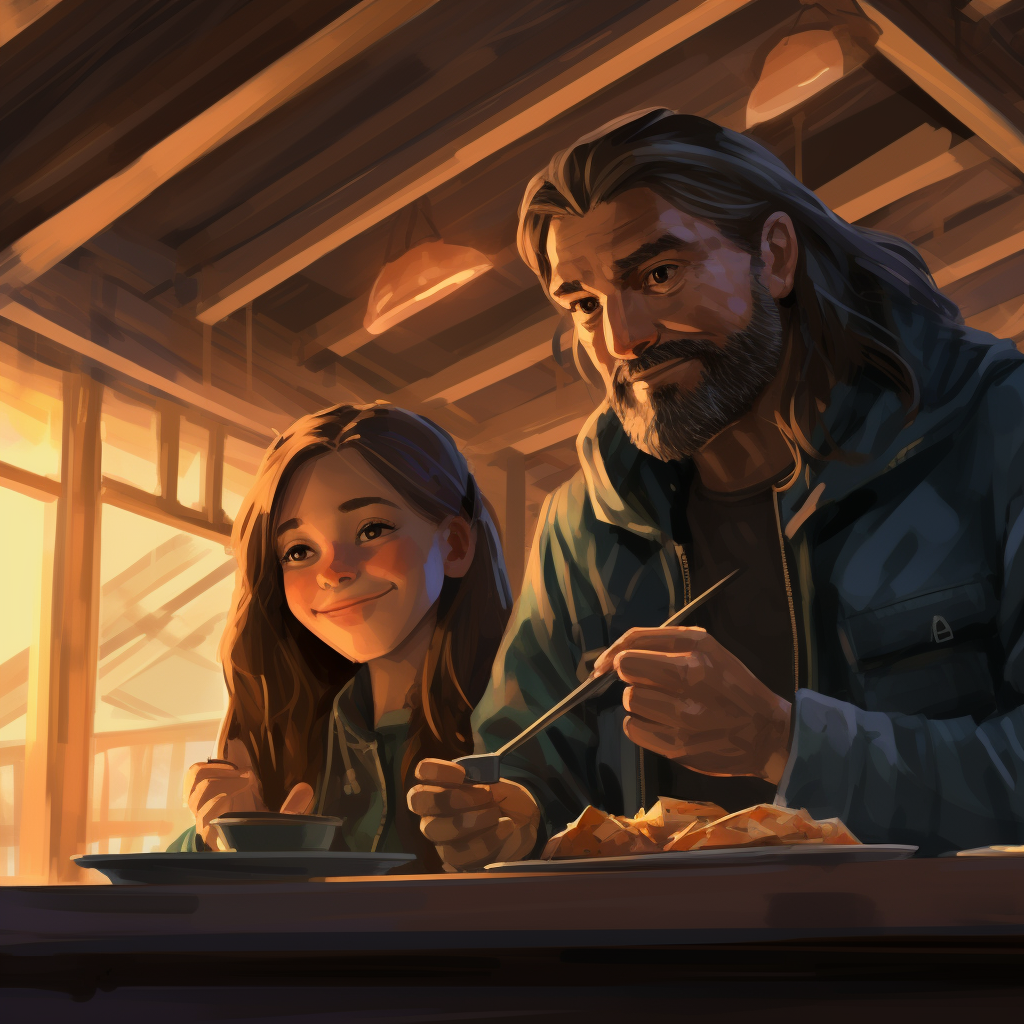 Father and Daughter Enjoying a Vintage Cabin Dinner