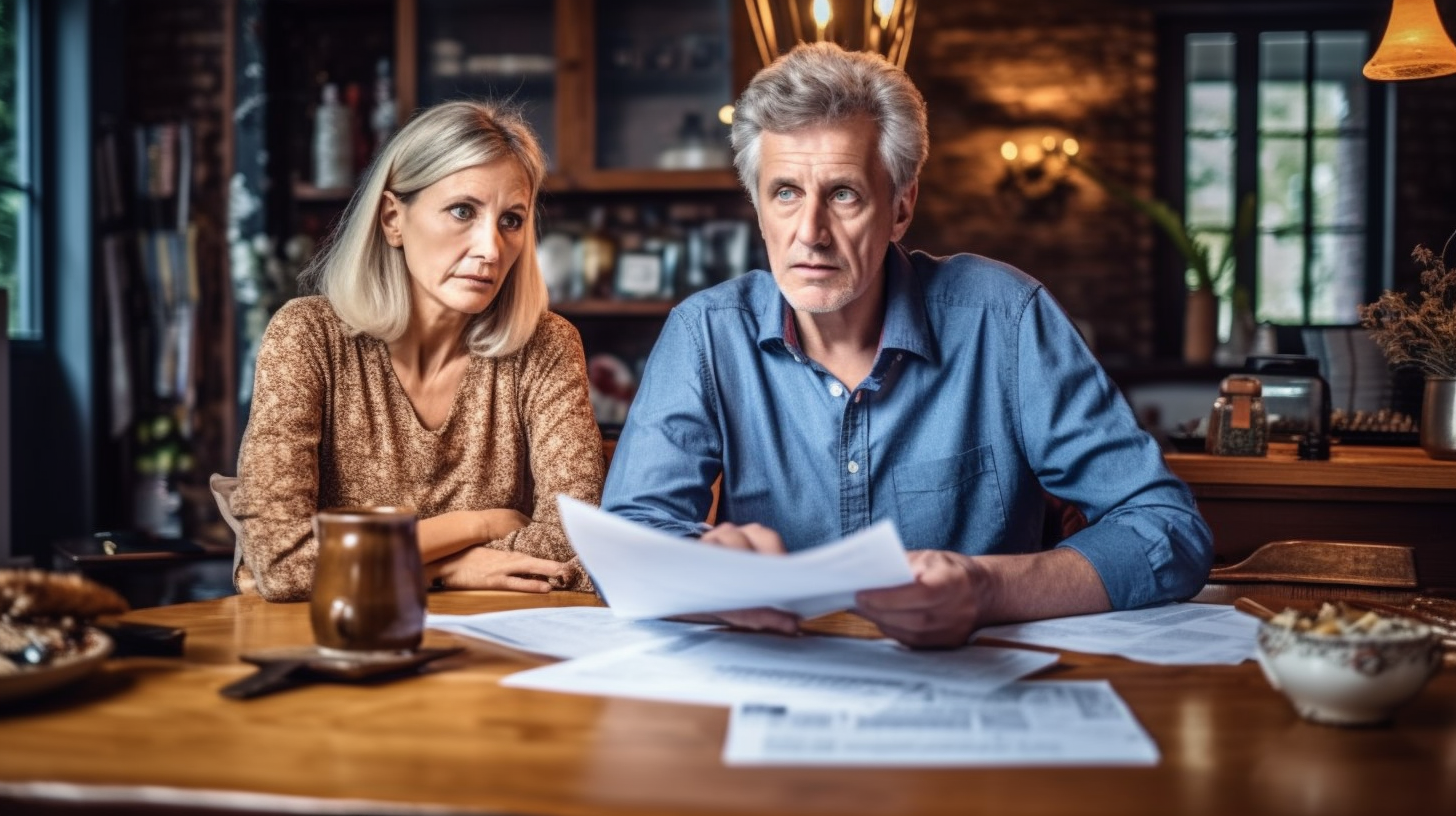 Worried couple reviewing financial papers at table