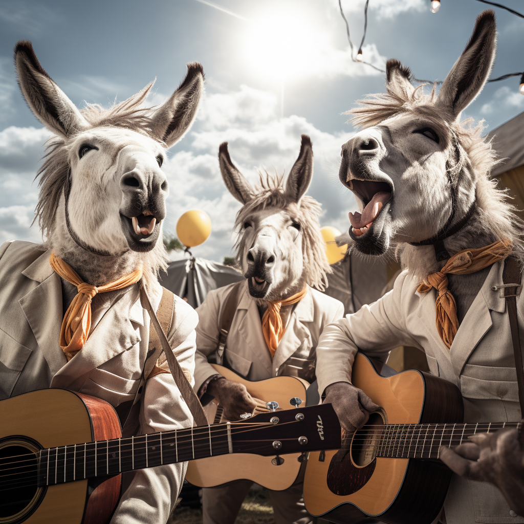 Smiling donkeys performing at outdoor concert