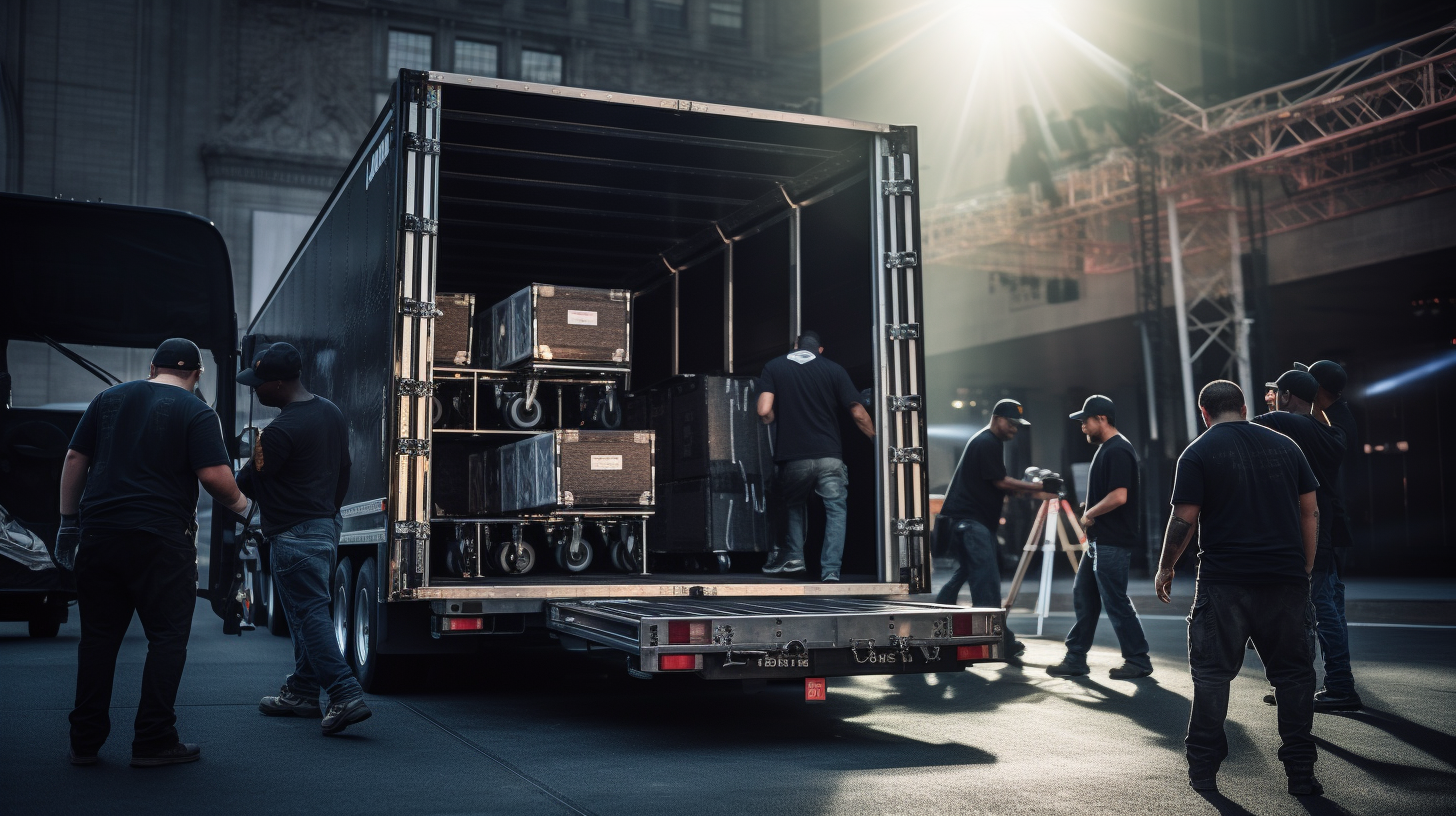 Crew unloading roadcases at concert venue