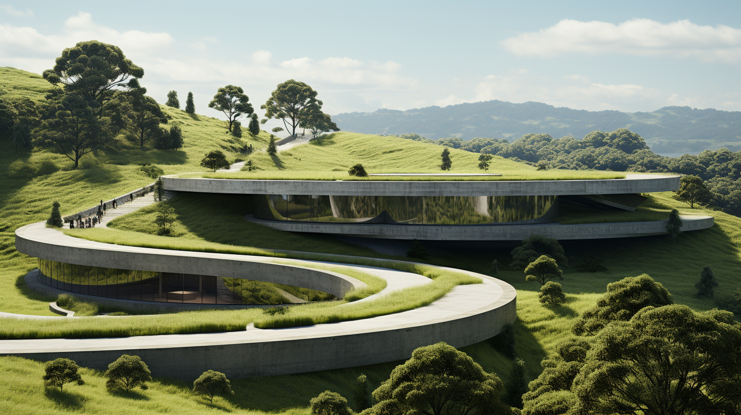 Concrete cylindrical building surrounded by grass mounds