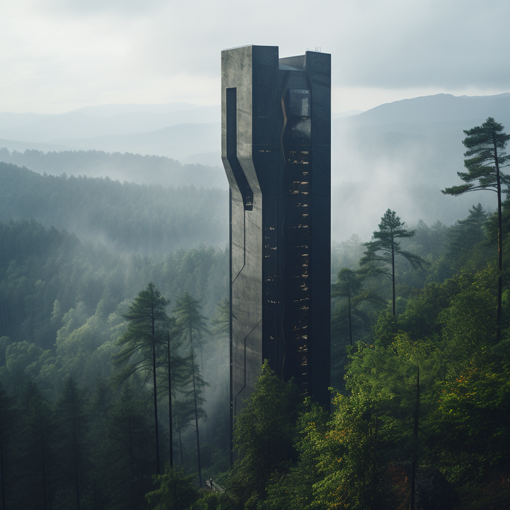 Cinematic shot of concrete lookout tower in forest