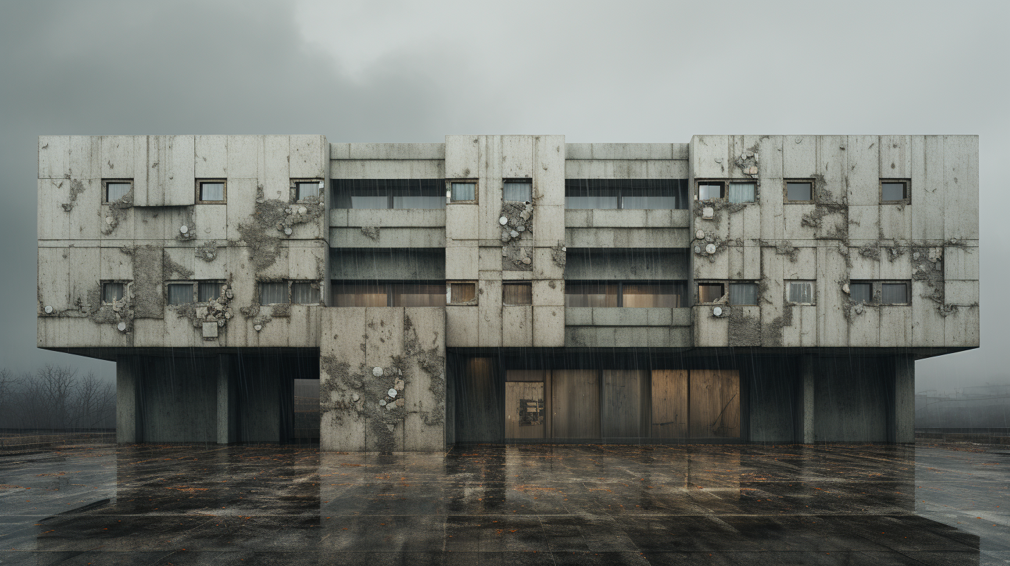 Frontal view of concrete poor school with broken windows