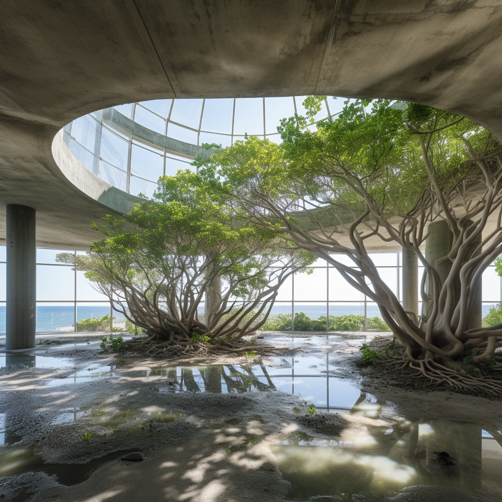 Concrete Steel Campo Baeza Tower amidst mangrove and sea