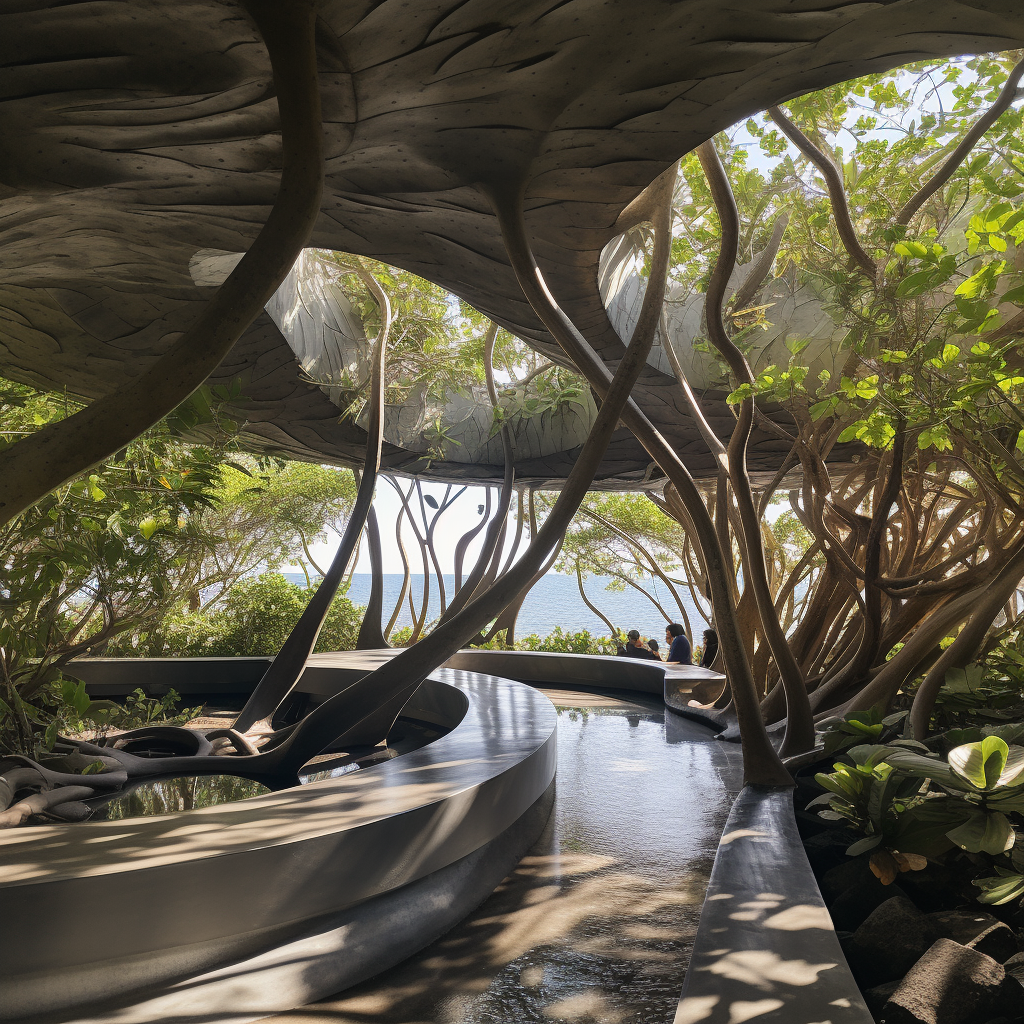 Mangroves and sea surrounding the concrete steel platform