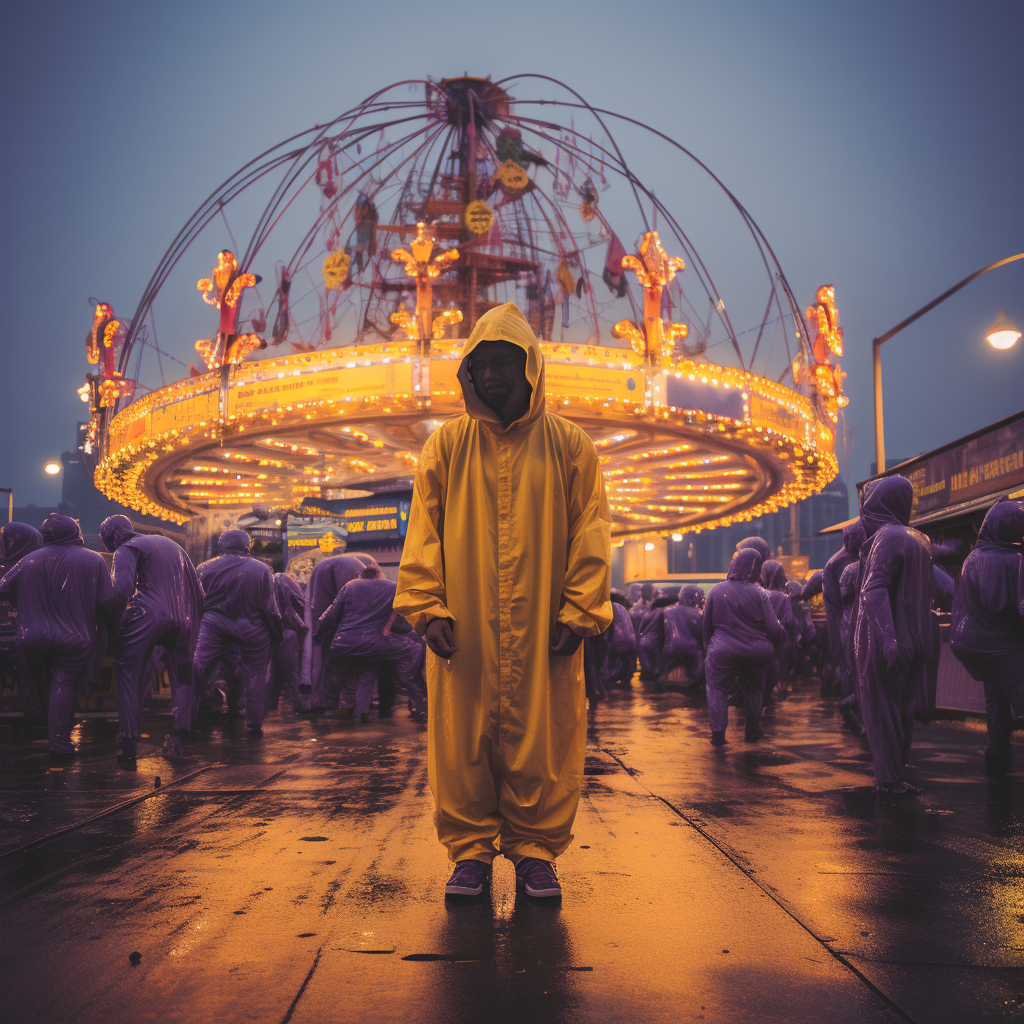 Tall guy in yellow latex costume at Coney Island