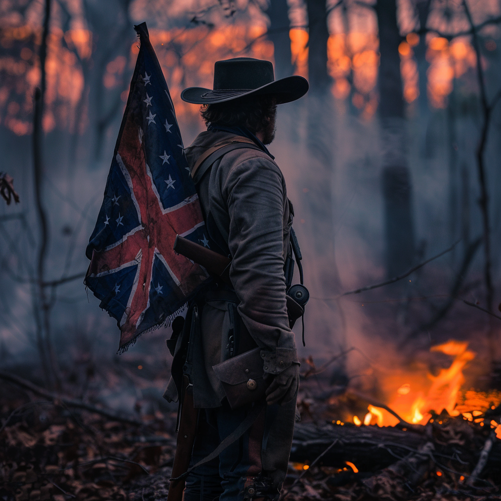 Soldier holding Dixie flag