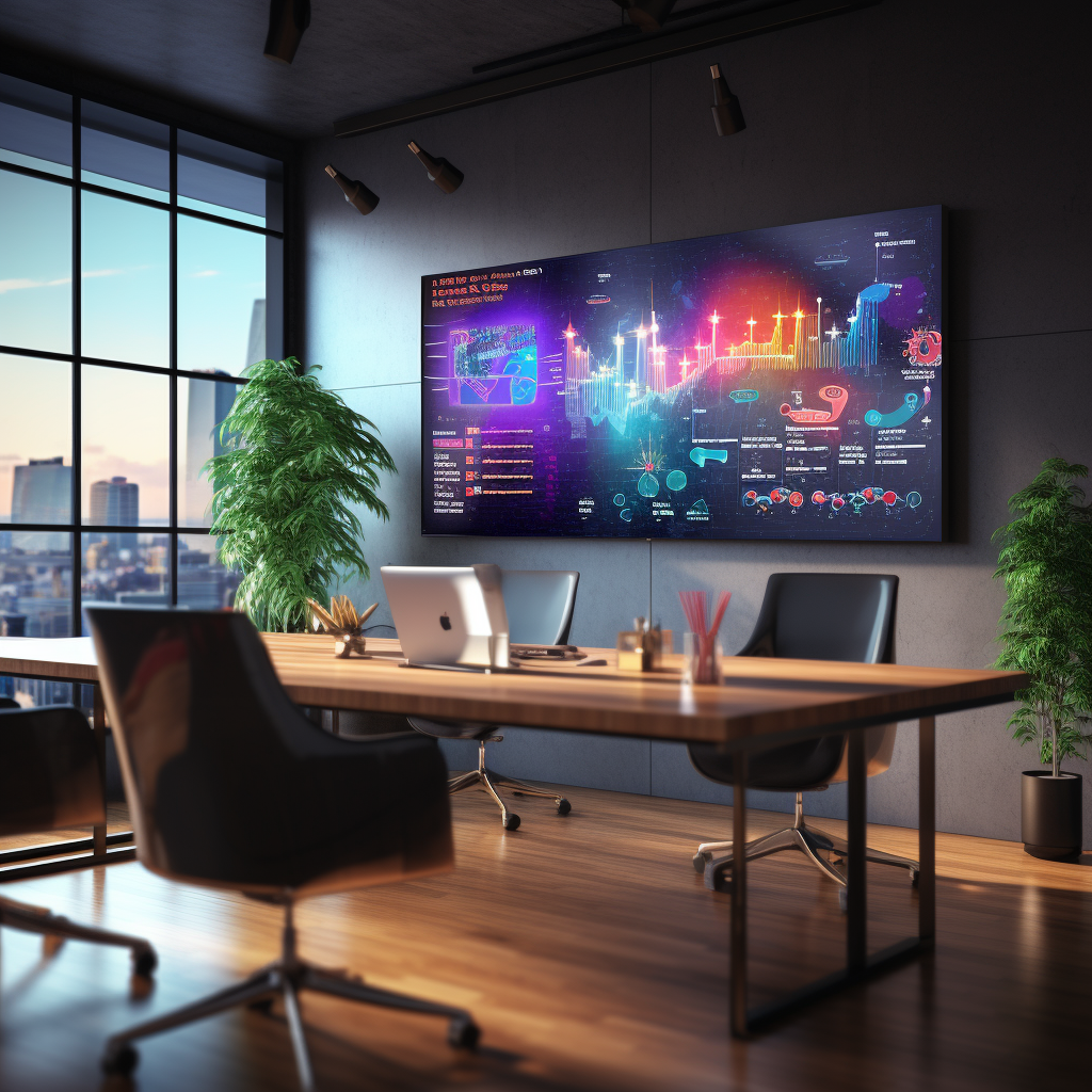 Photorealistic image of a modern conference room with high-tech displays