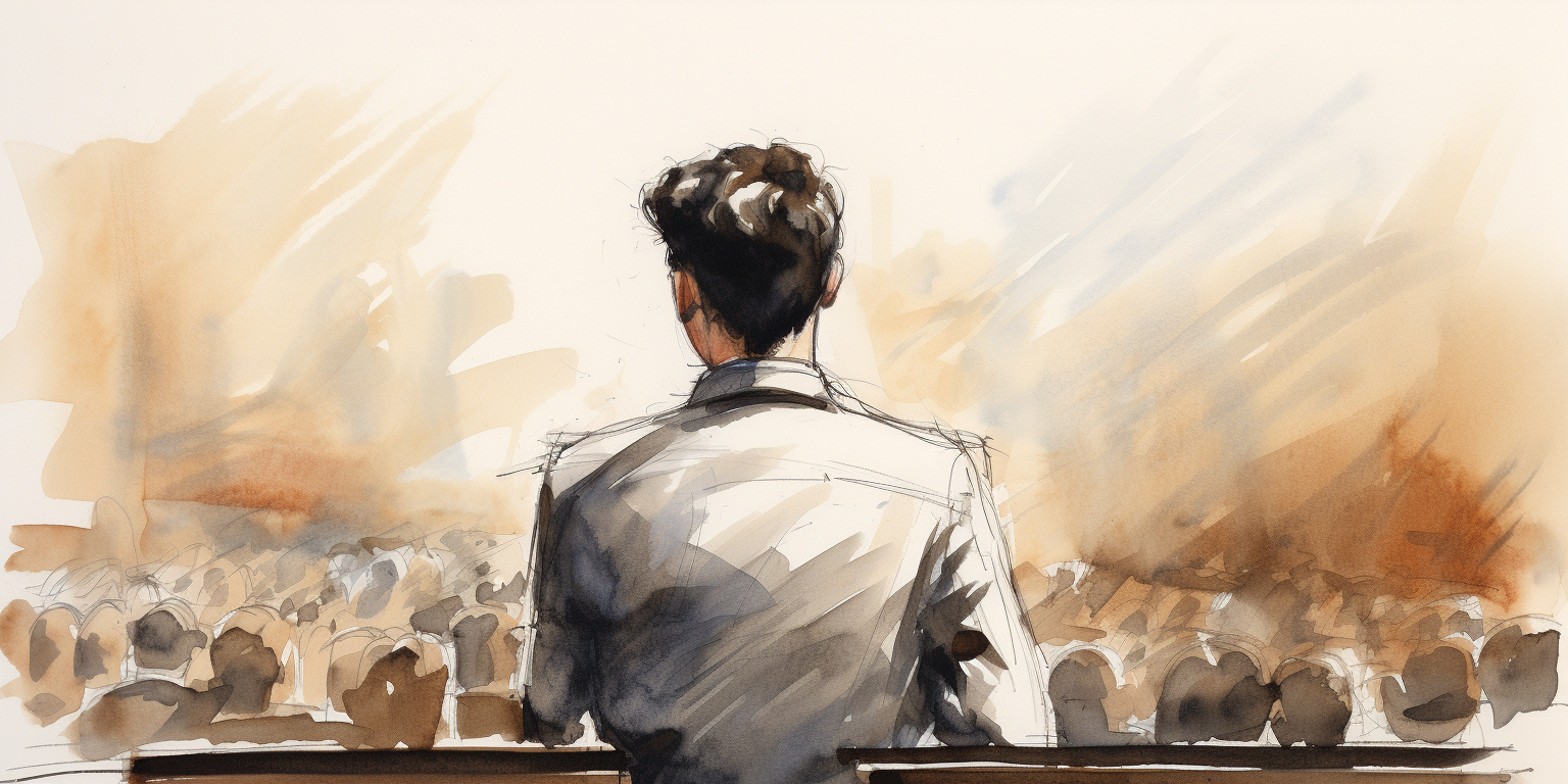 Sketch of conference speaker addressing audience