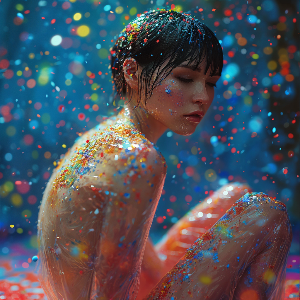 Woman sitting on confetti-covered table