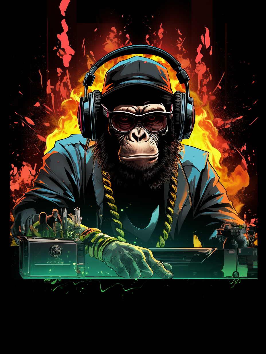 Confident ape DJ wearing sunglasses and headphones