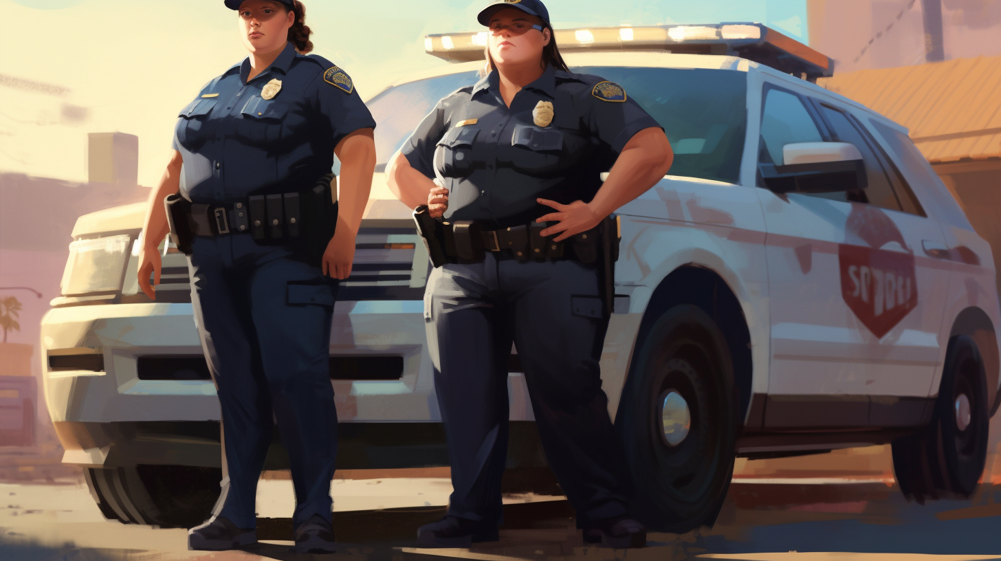 Two confident female cops in upscale subdivision