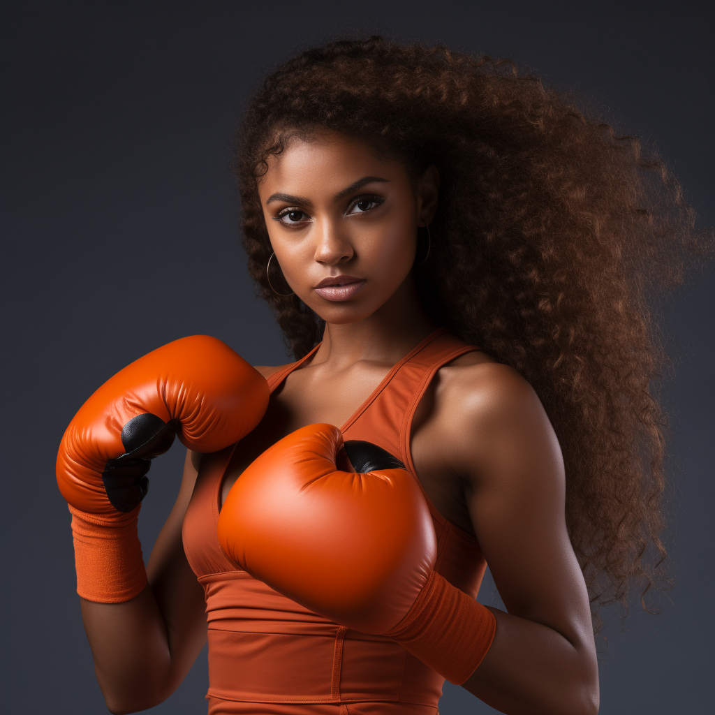 Brown-skinned female boxer in orange outfit hitting punching bag