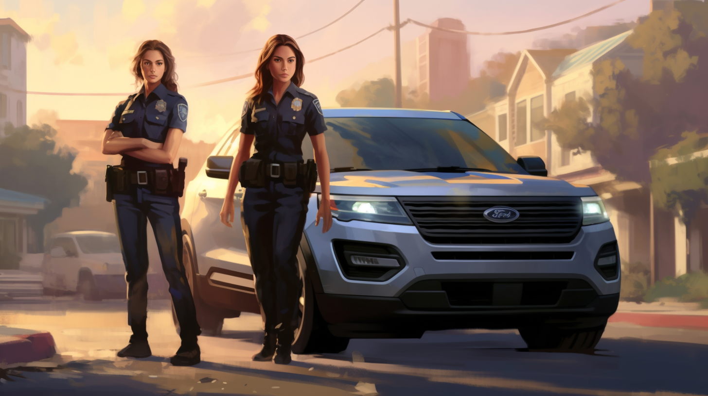 Two confident female cops in upscale subdivision.