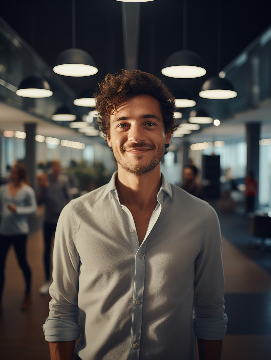 Confident smiling young man in fun tech office