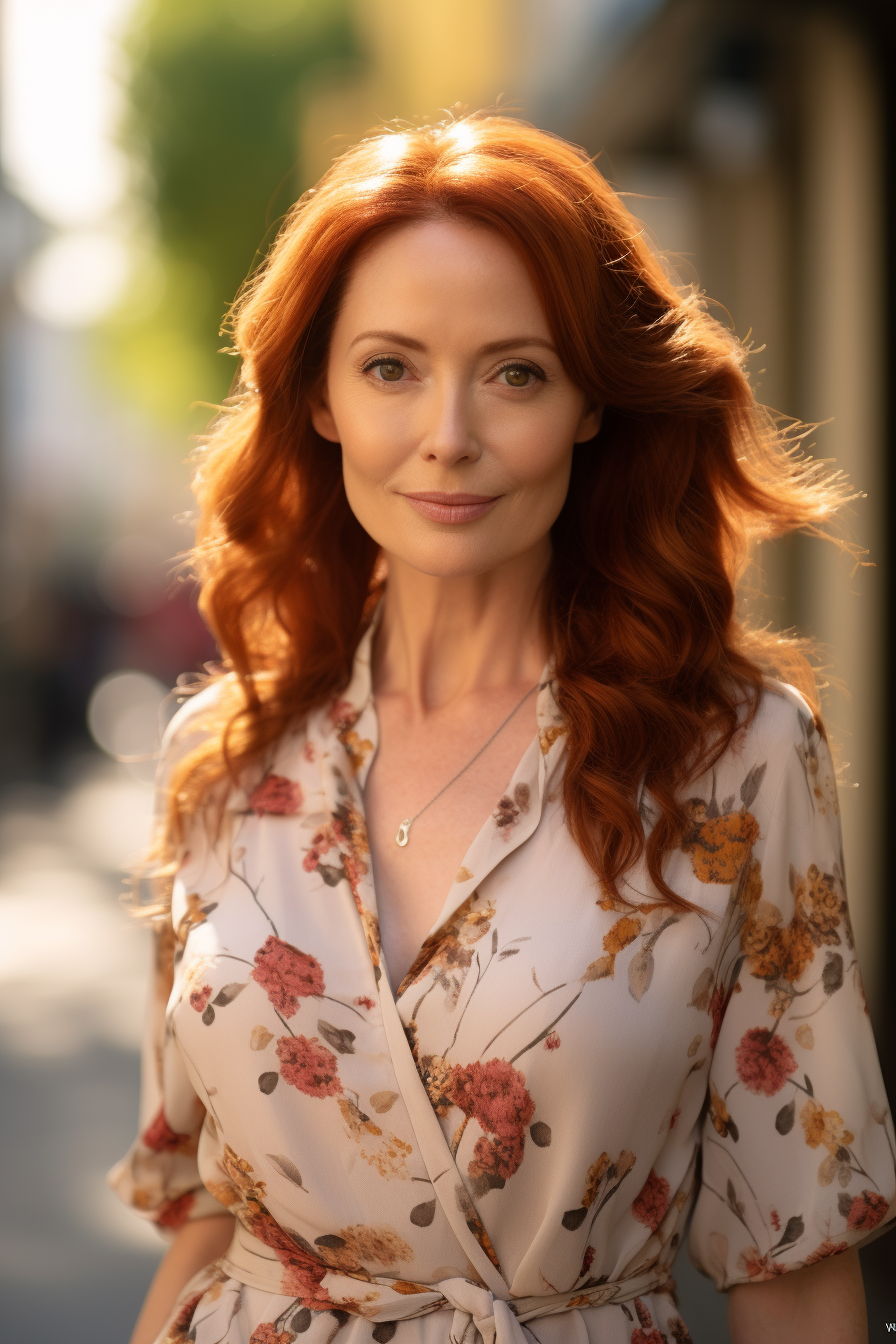 Image of a confident woman with auburn hair walking in a Japanese street