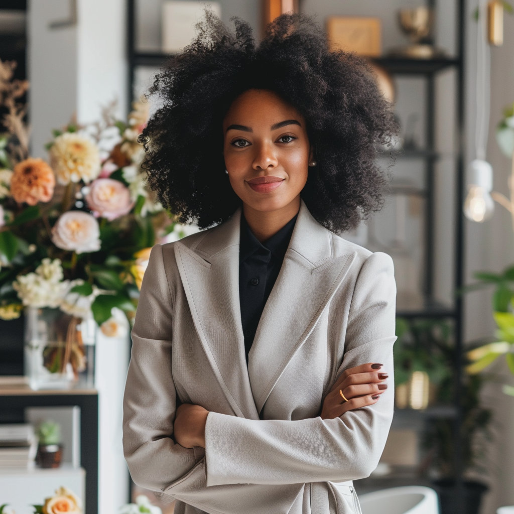 confident woman flowers office