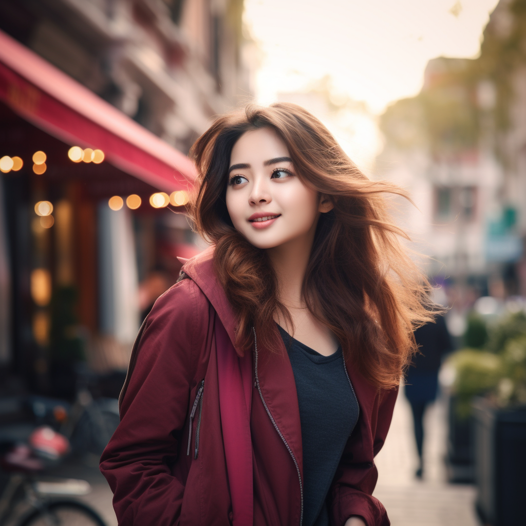 Confident Asian girl in fashion academic outfit in Istanbul