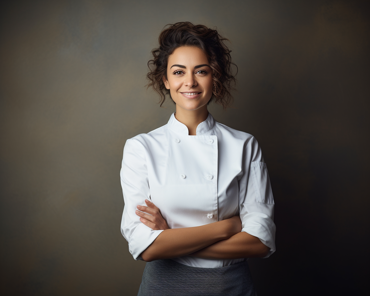 Confident female chef smiling against light background