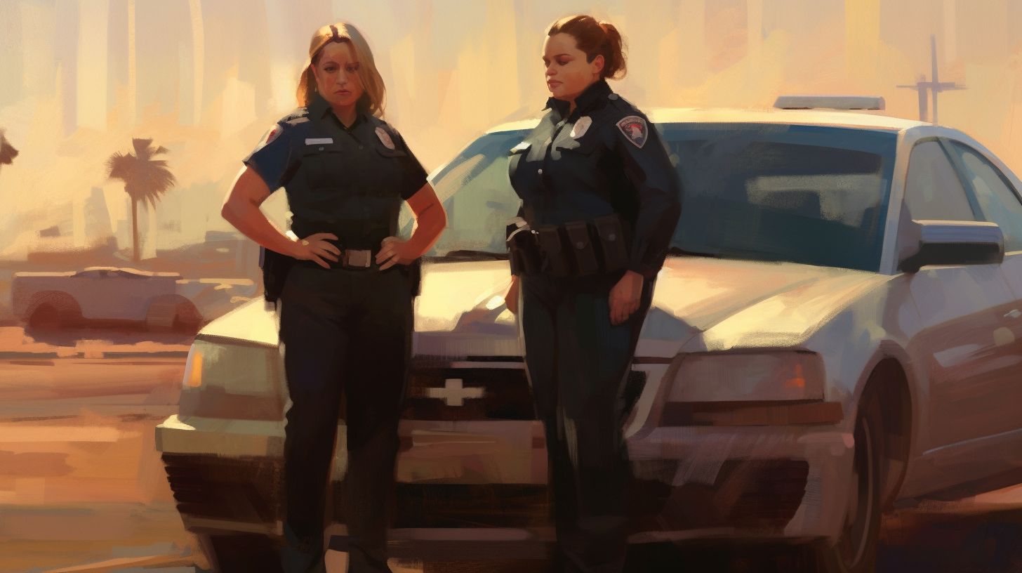 Two confident female police officers talking in upscale subdivision