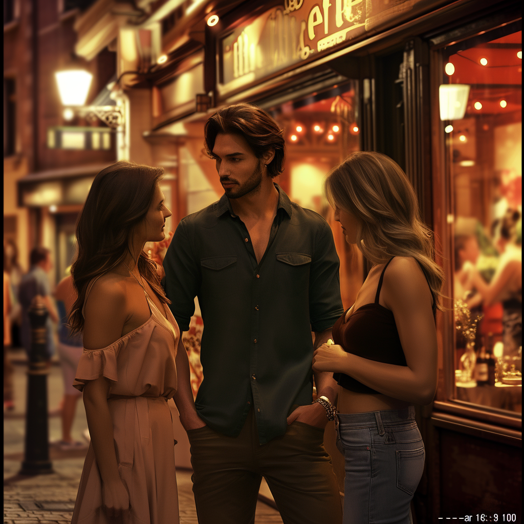 Confident man with attracted women in urban setting