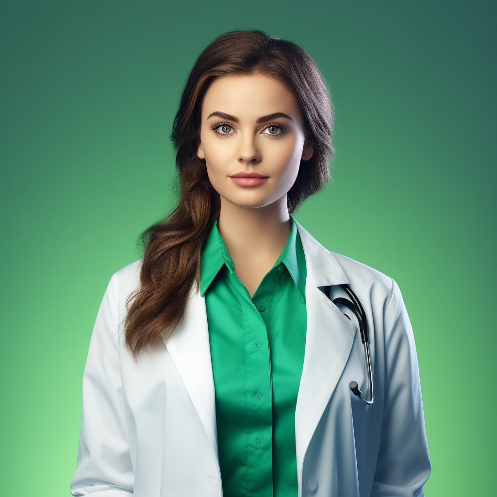 Confident medical girl doctor on green background