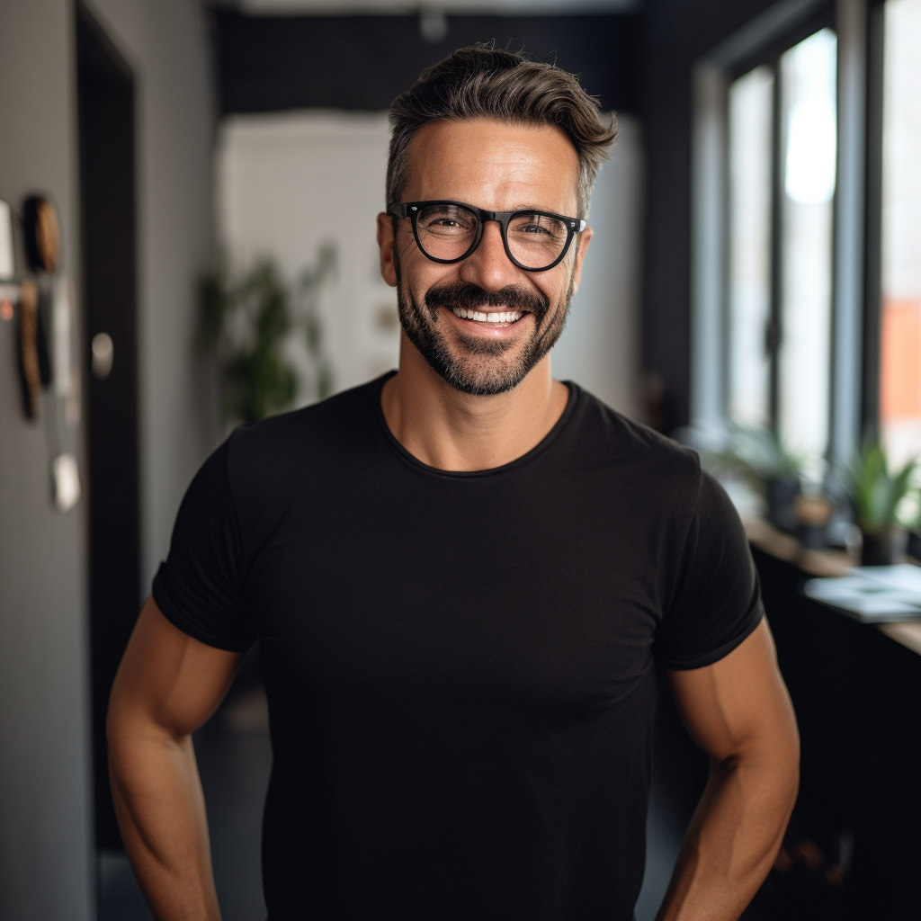 Confident Italian guy in office selfie photo