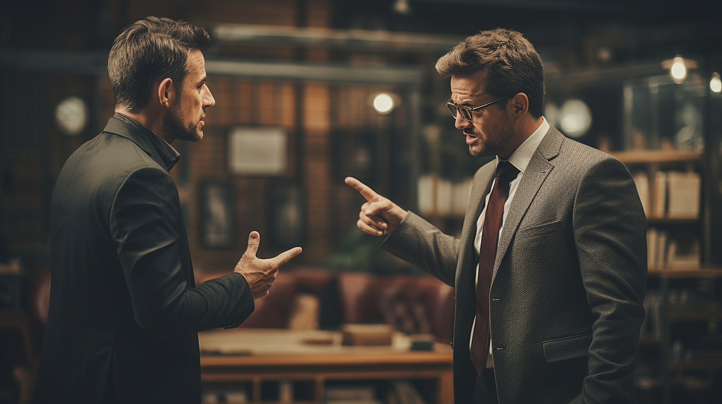 Image of a confused businessman arguing indoors