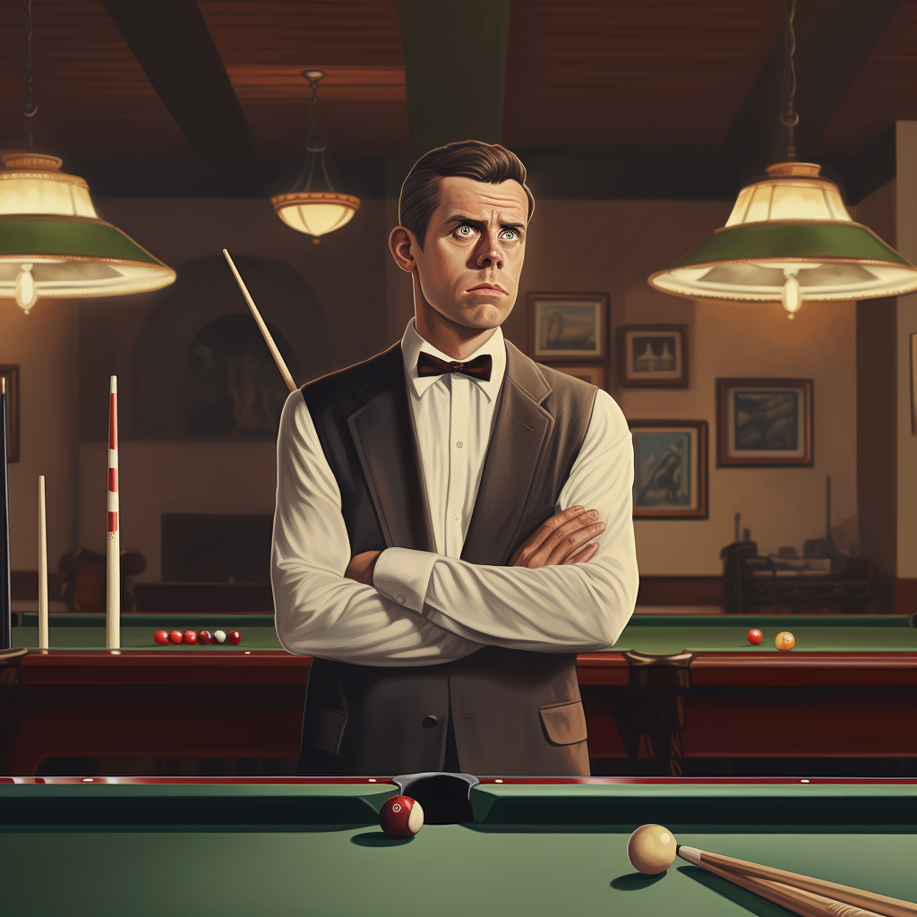 Confused businessman holding billiards cue between two tables