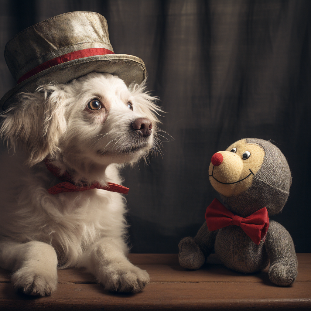 A confused dog looking at a clown