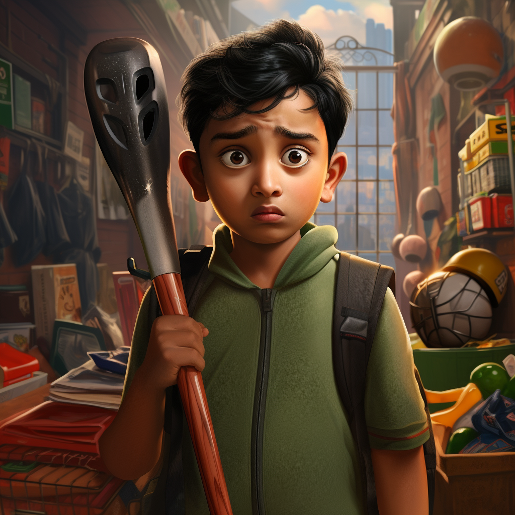 Confused Indian kid with Ben 10 school bag and cricket bat