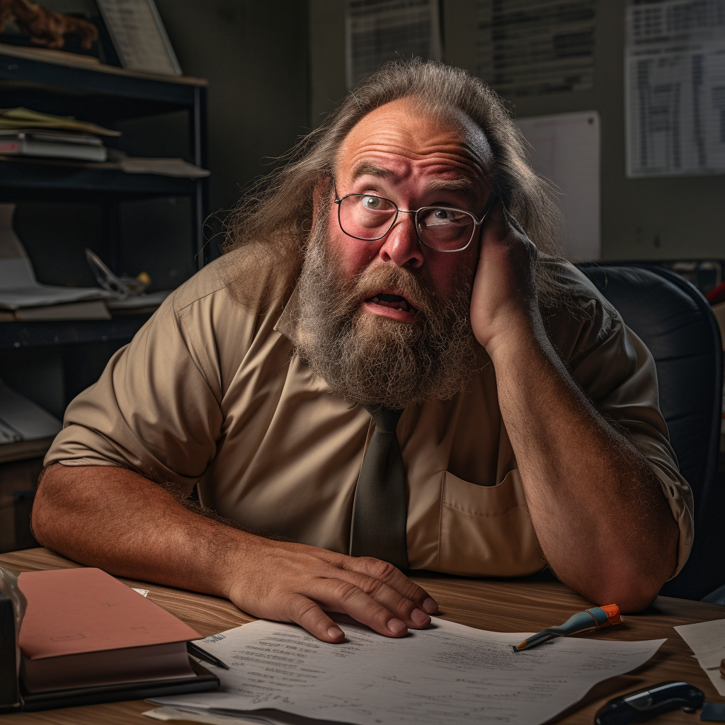 Confused neanderthal balding man at office desk