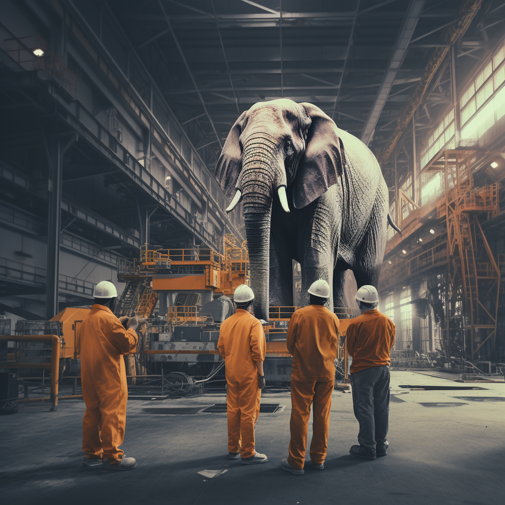 Production employees facing a huge elephant in fear