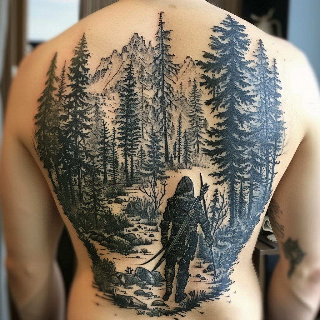 Warrior hiding in coniferous forest tattoo design