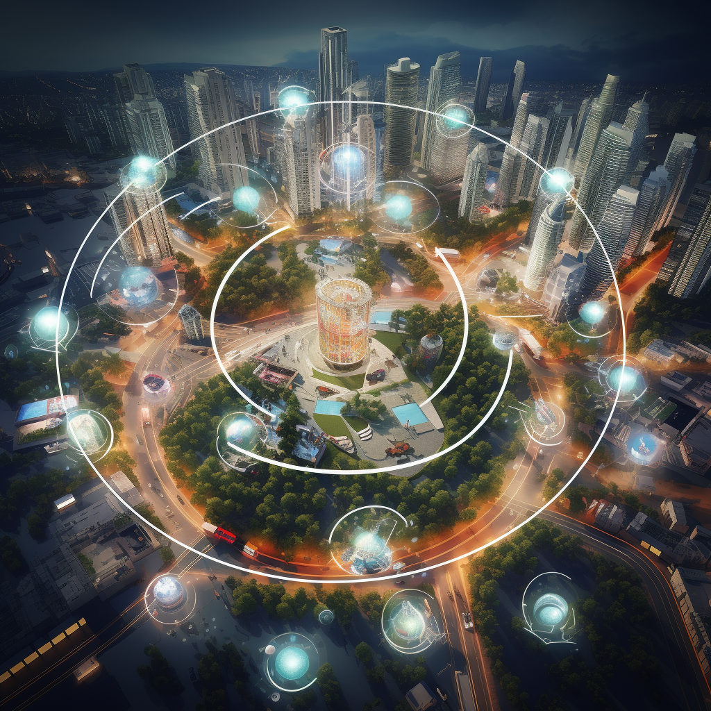 Aerial View of Connected Smart City with Camera Icons