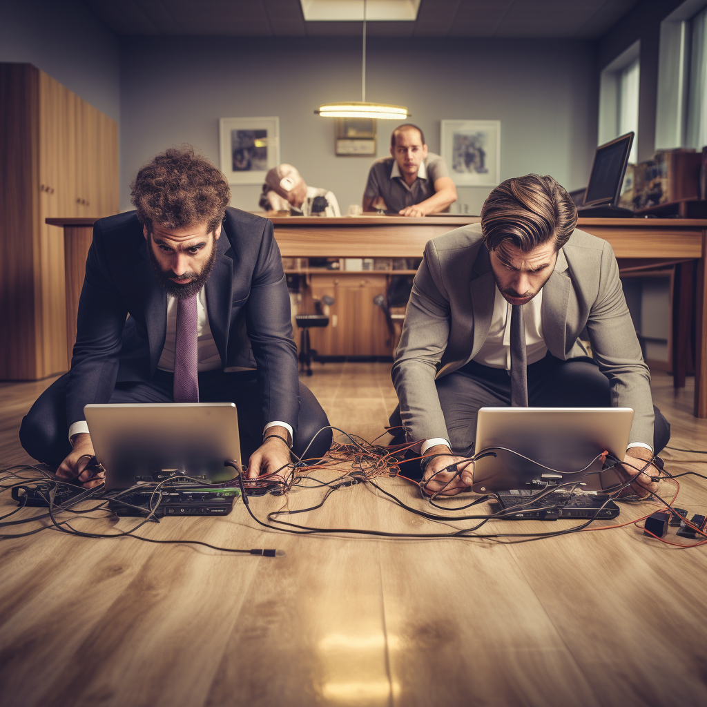 Two businessmen connecting computers on the floor