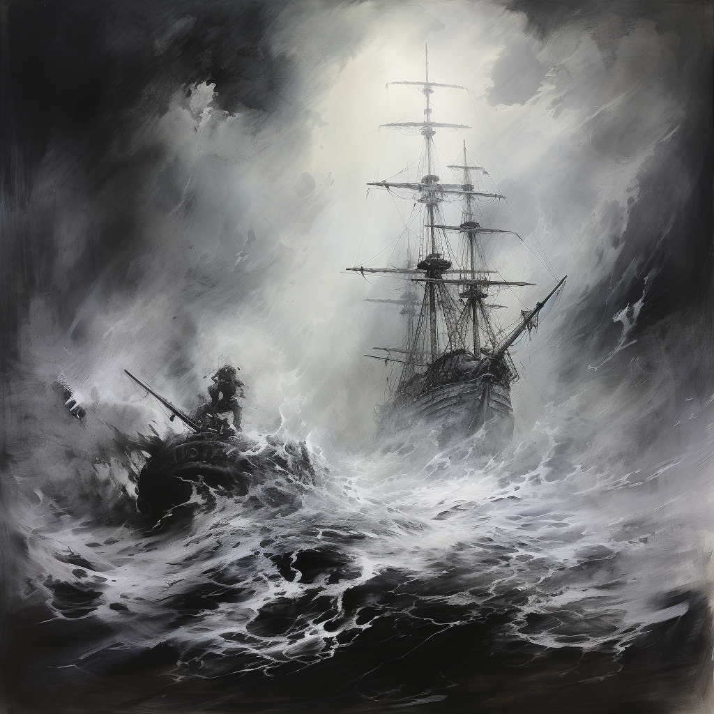 Conquistador being pulled beneath waves artwork