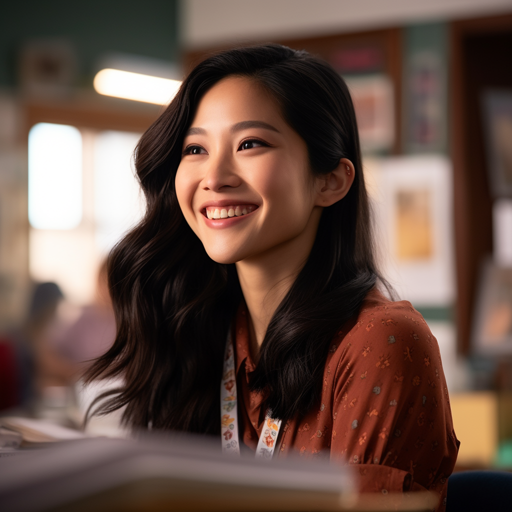 Constance Wu smiling teacher inspiring students