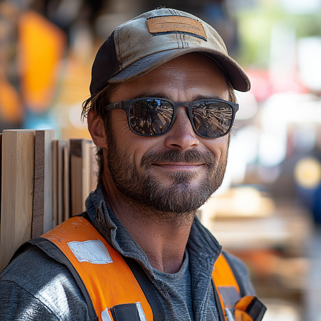 Construction worker with decking planks