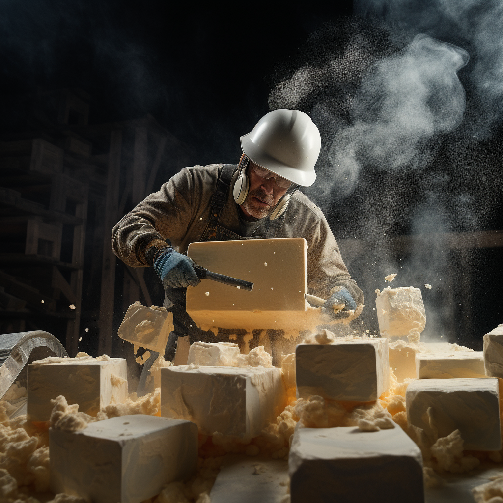 Construction worker jackhammering large blocks of soap