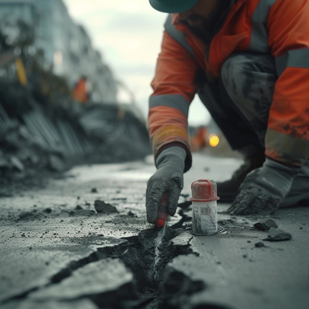 Construction worker placing repair capsule in concrete crack