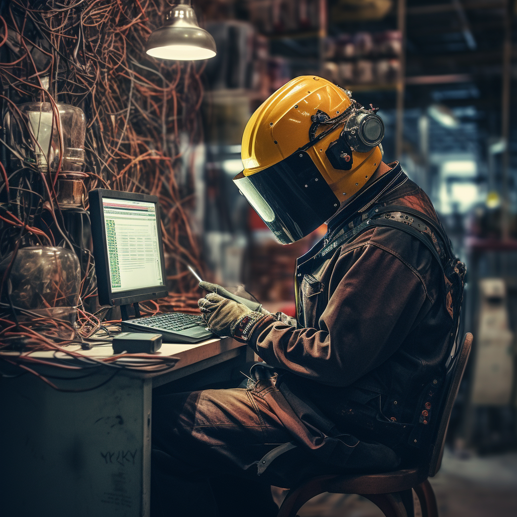 Construction worker using computer at construction site